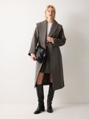 Herringbone Hooded Wrap Coat