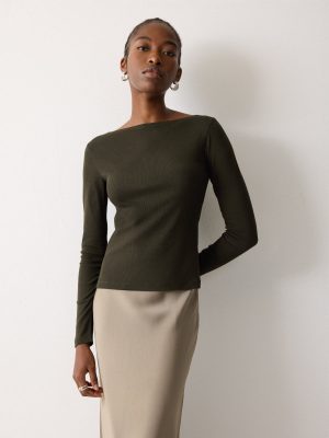 Long Sleeve Cotton Rib Slash Neck T-shirt