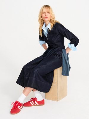 Chambray Zip Front Midi Dress